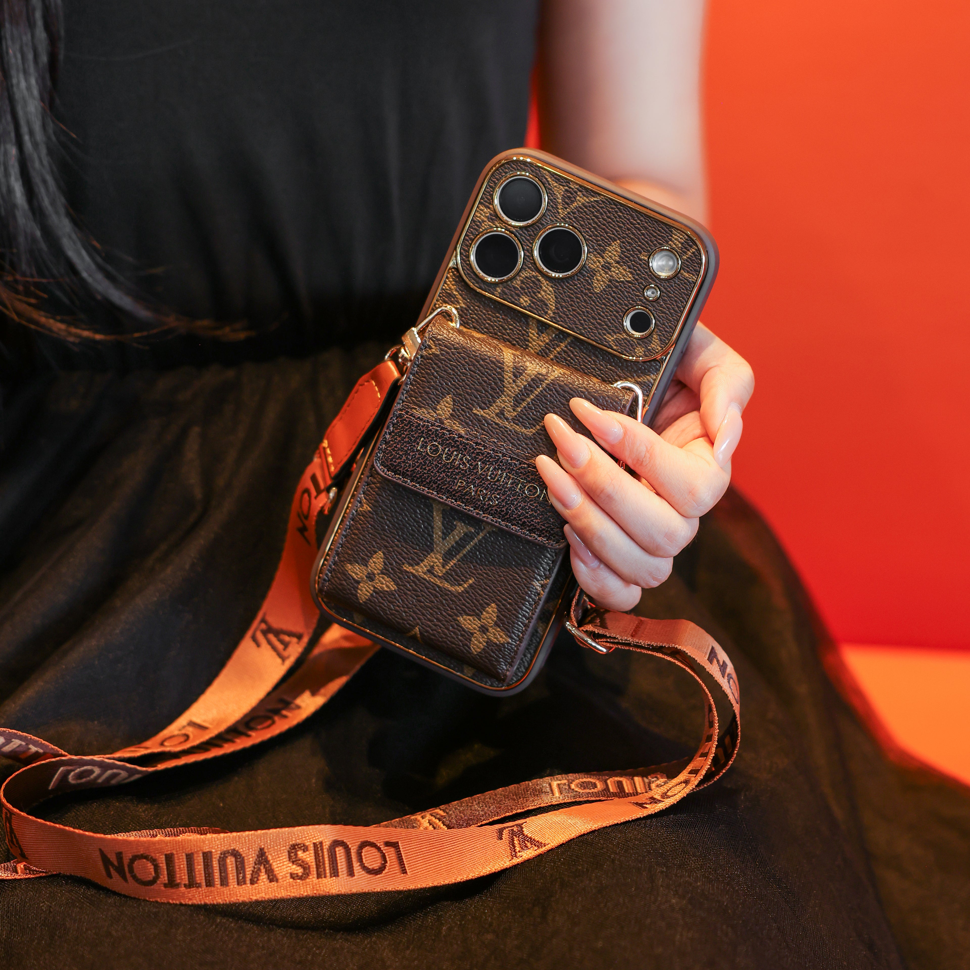 Neue klassische Luxus-Kartenhalter-iPhone-Hülle mit Umhängeriemen