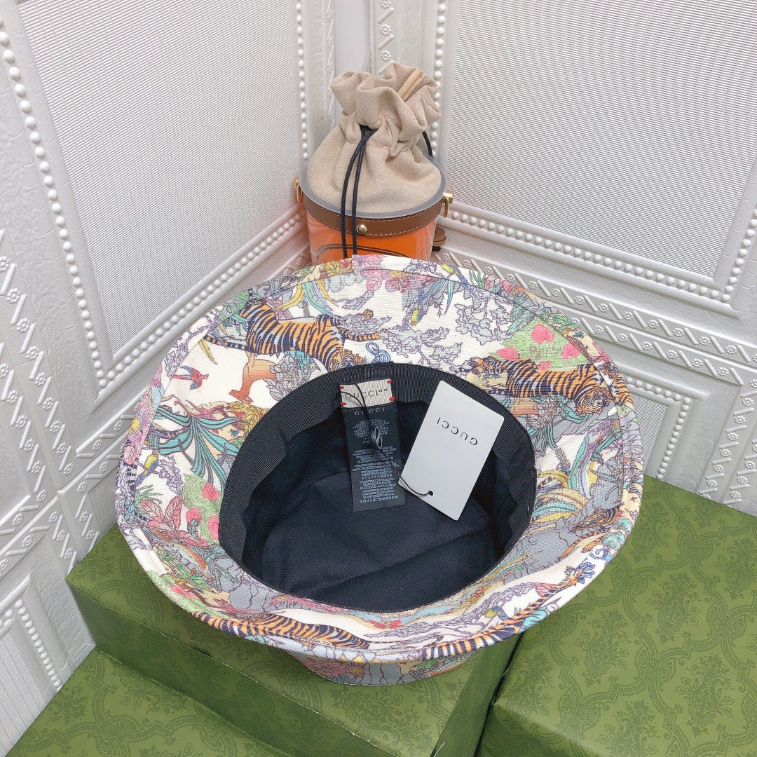 Classic Floral Tiger Cotton Bucket Hat | Luxury Designer Botanical Bucket Hat