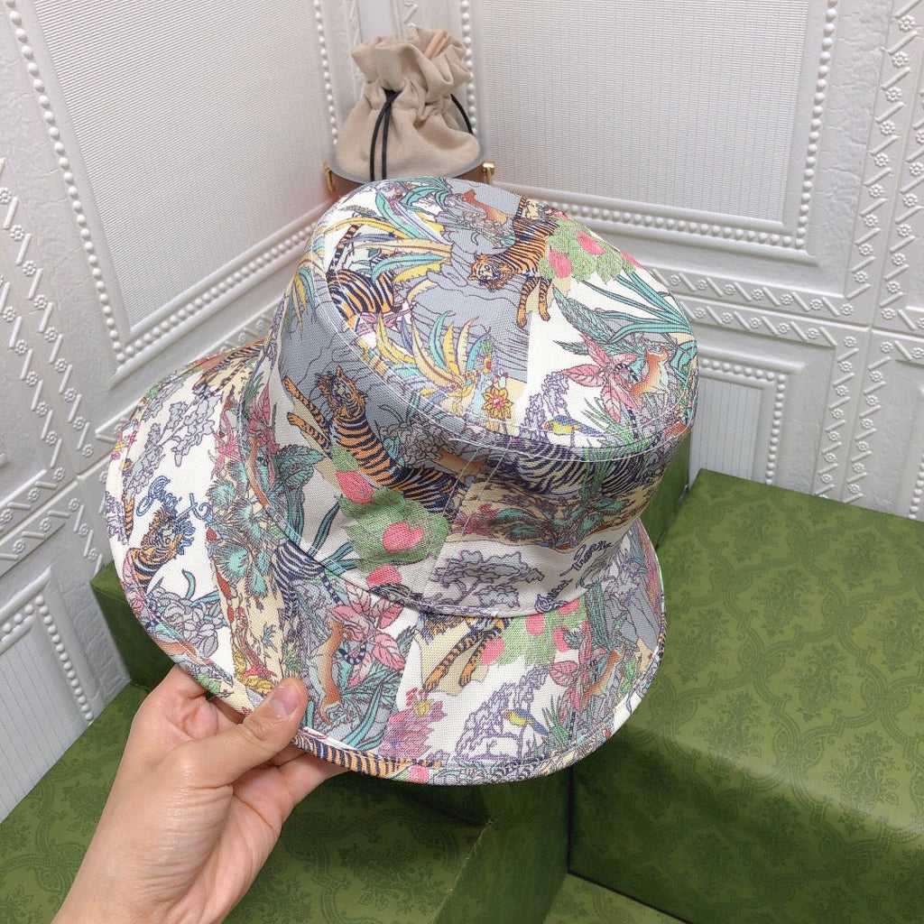 Classic Floral Tiger Cotton Bucket Hat | Luxury Designer Botanical Bucket Hat
