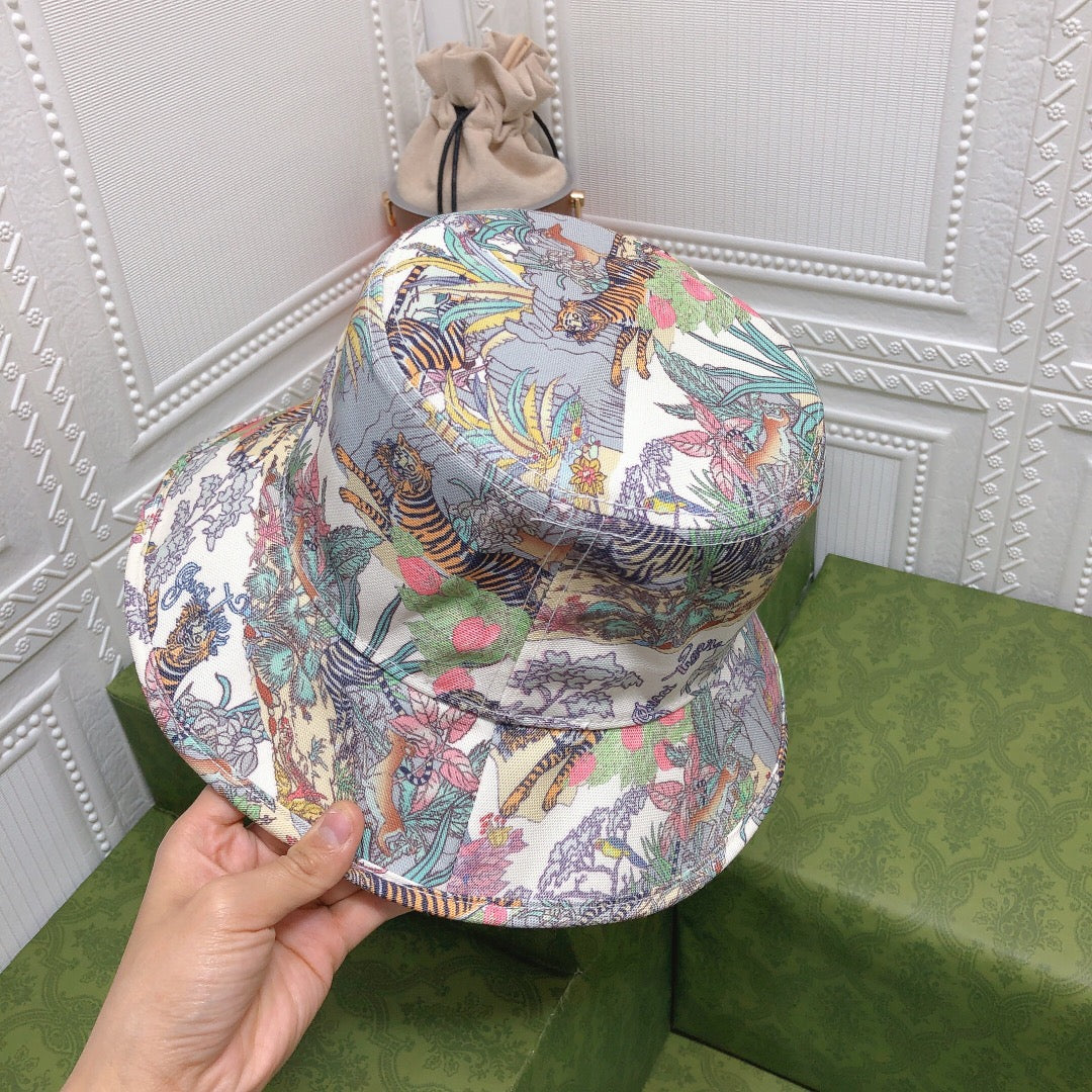 Classic Floral Tiger Cotton Bucket Hat | Luxury Designer Botanical Bucket Hat