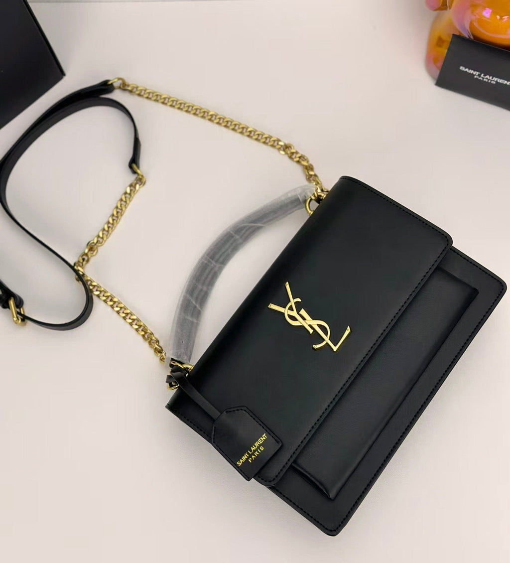 Elegant Gold-Chain Structured Leather Shoulder Bag