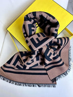 Brown and black contrasting geometric texture knitted scarf, fringed edge shawl