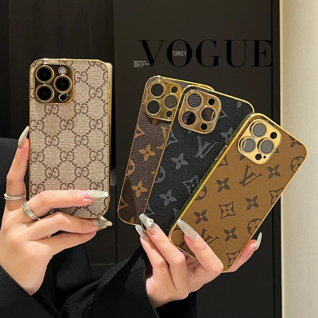 Custodia per iPhone monogramma classica di lusso con bordi placcati in oro