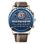 Stylish Quartz Men's Watch with Unique Rotating Date and Leather Strap - Military-Inspired Casual Timepiece