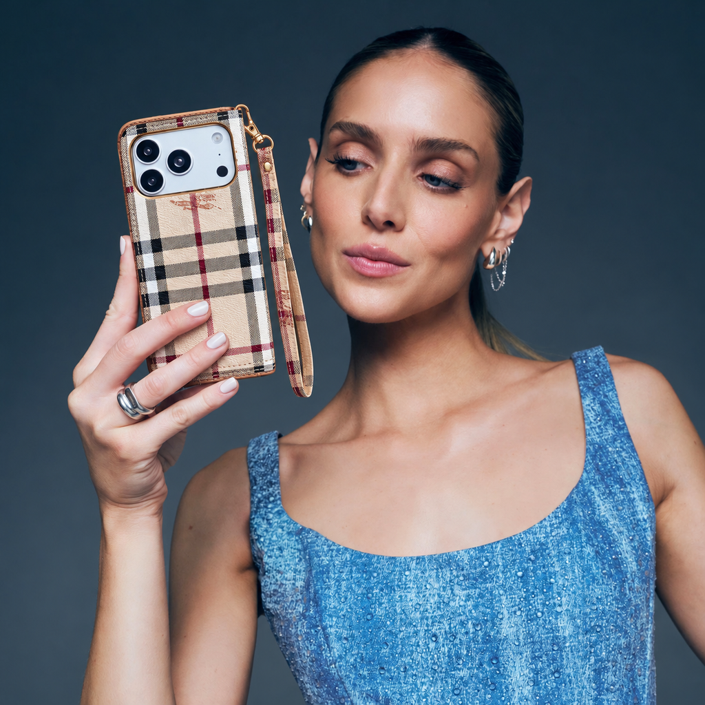 Beige Check Flip iPhone Case with Wrist Strap