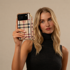Beige Check Flip iPhone Case with Wrist Strap