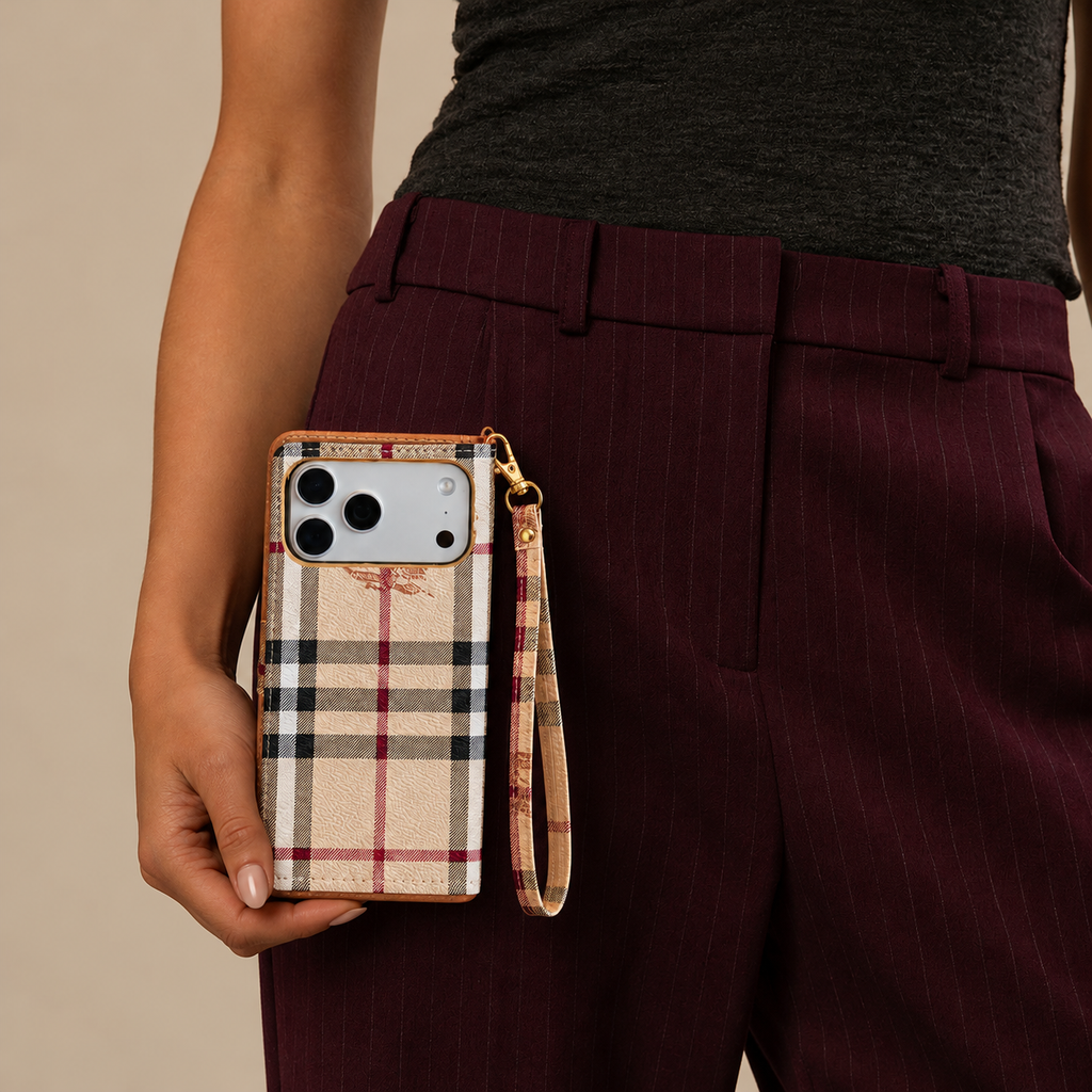 Beige Check Flip iPhone Case with Wrist Strap