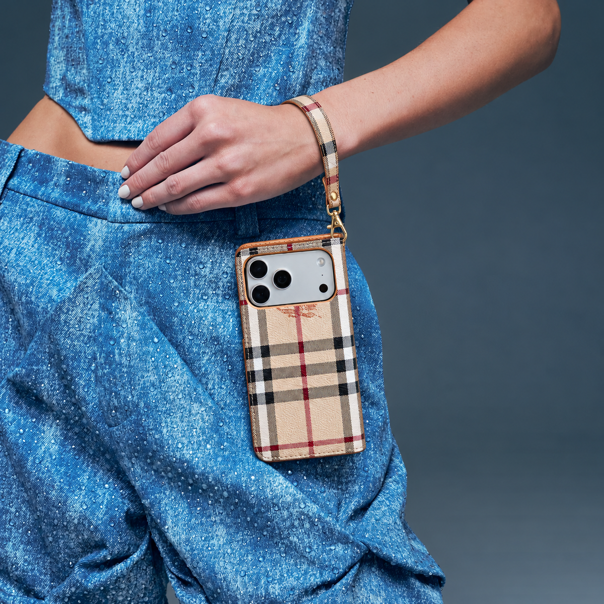 Beige Check Flip iPhone Case with Wrist Strap