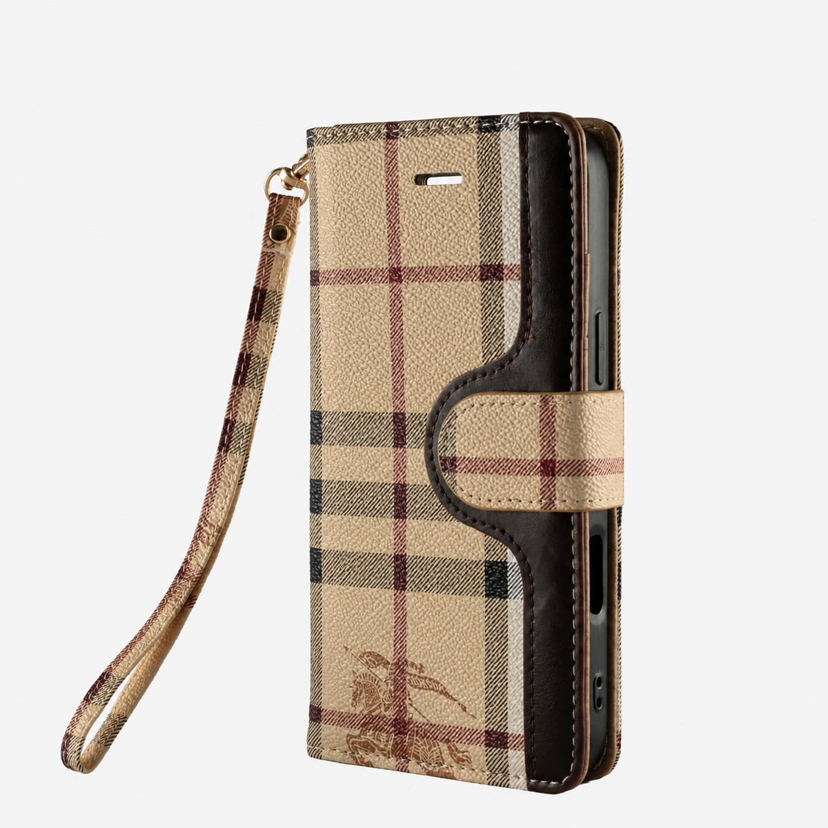 Beige Check Flip iPhone Case with Wrist Strap